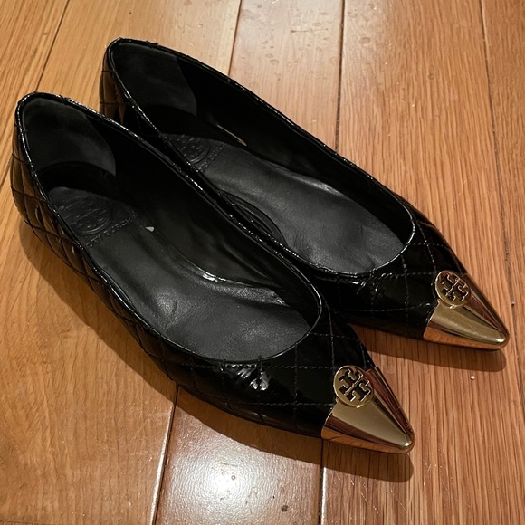 Tory Burch Black Leather Quilted Flats with Gold Tips 7.5